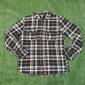 dip Men's Plaid Flannel Shirt Medium Long Sleeve Button-Up Navy Tan White Cotton